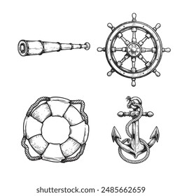 Nautical vintage elements set. Hand drawn sketch style. Symbols of adventure voyage, tourism, outdoor. Anchor, steering wheel, spyglass, lifebuoy. Vector illustrations.