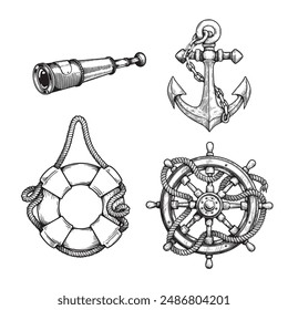 Nautical vintage elements set. Hand drawn sketch style. Symbols of adventure voyage, tourism, outdoor. Anchor, steering wheel, spyglass, lifebuoy. Vector illustrations.