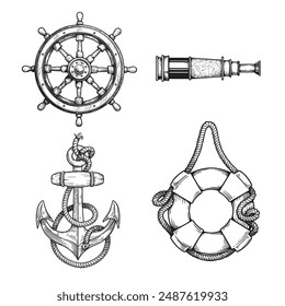 Nautical vintage elements set. Hand drawn sketch style. Symbols of adventure voyage, tourism, outdoor. Anchor, steering wheel, spyglass, lifebuoy. Vector illustrations.