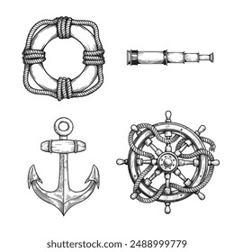 Nautical vintage elements set. Hand drawn sketch styyle. Symbols of adventure voyage, tourism, outdoor. Anchor, steering wheel, spyglass, lifebuoy. Vector illustrations.