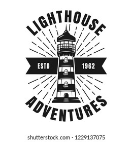 Nautical vintage emblem, badge, label or logo with rays and text lighthouse adventures vector monochrome illustration isolated on white background