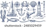 Nautical vintage icons set. Vector hand drawn monochrome sketch illustration of lighthouse, ship, anchor, sea animals. Marine design elements isolated on white background