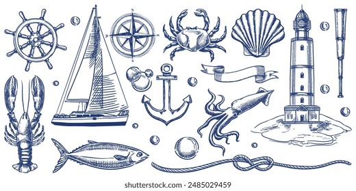 Nautical vintage icons set. Vector hand drawn monochrome sketch illustration of lighthouse, ship, anchor, sea animals. Marine design elements isolated on white background