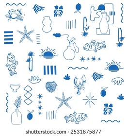 Nautical vintage icons set. Vector hand drawn monochrome sketch illustration of lighthouse, ship, anchor, sea animals. Marine design elements isolated on white background