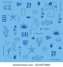 Nautical vintage icons set. Vector hand drawn monochrome sketch illustration of lighthouse, ship, anchor, sea animals. Marine design elements isolated on white background