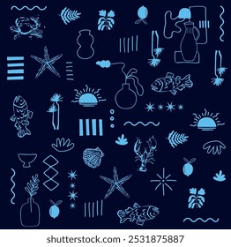 Nautical vintage icons set. Vector hand drawn monochrome sketch illustration of lighthouse, ship, anchor, sea animals. Marine design elements isolated on white background