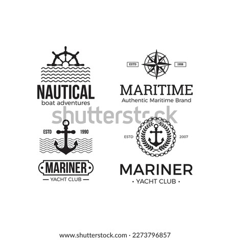 Nautical vintage logo set. Nautical emblems for t-shirt, banner, poster design. Anchor, Sea Wheel. Trendy Hipster design. Marine labels templates. Vector illustration