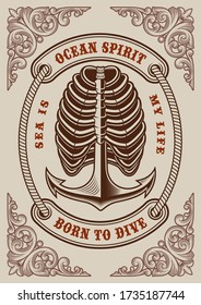 Nautical vintage poster with anchor and ribs on white background