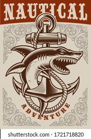 Nautical vintage poster with anchor and shark on white background