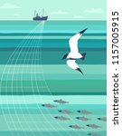 Nautical vintage poster. Seagull flight minimal style. Flying sea bird fishing for herring. Commercial trawler. Ship silhouette, calm ocean water. Fishermen boat Industrial vessel. Vector illustration