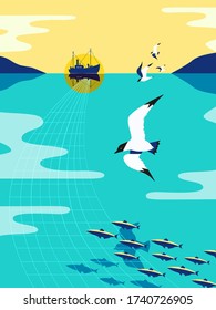 Nautical vintage poster. Seagull flight minimal style. Flying sea bird fishing for herring. Commercial trawler. Ship silhouette, calm ocean water. Fishermen boat Industrial vessel. Vector illustration