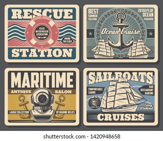 Nautical vintage posters, marine adventure and water swimmer rescue station. Vector marine relics antique salon, sailboat ocean cruises and summer vacations, aqualung with ship anchor and lifebuoy