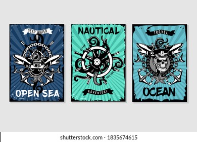 Afiches náuticos vintage. Ilustraciones de dibujos animados de estilo retro. Deportes acuáticos y balnearios con armazón de grano. Calavera, capitán, rueda y ancla.