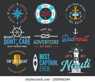 Nautical vintage prints designs set for t-shirt. Marine logos and badges. Retro typography with lighthouse and seagull. Navy emblem, sea and ocean style tees collection. Stock vector illustration