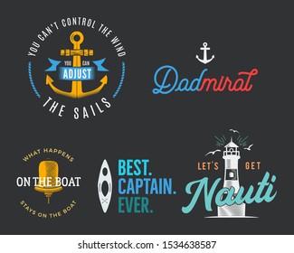 Nautical vintage prints designs set for t-shirt. Marine logos and badges. Retro typography with lighthouse and seagull. Navy emblems, sea and ocean style tees collection. Stock vector