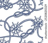 Nautical vintage seamless pattern with blue ships wheel and node rope. Vector hand drawn sketch illustration. Marine travel background. Fashion textile print, fabric, wrapping paper design