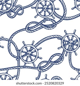 Nautical vintage seamless pattern with blue ships wheel and node rope. Vector hand drawn sketch illustration. Marine travel background. Fashion textile print, fabric, wrapping paper design