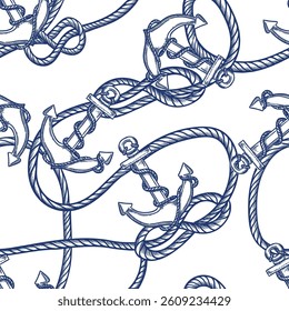Nautical vintage seamless pattern with blue anchors and node rope. Vector hand drawn sketch illustration. Marine travel background. Fashion textile print, fabric, wrapping paper design