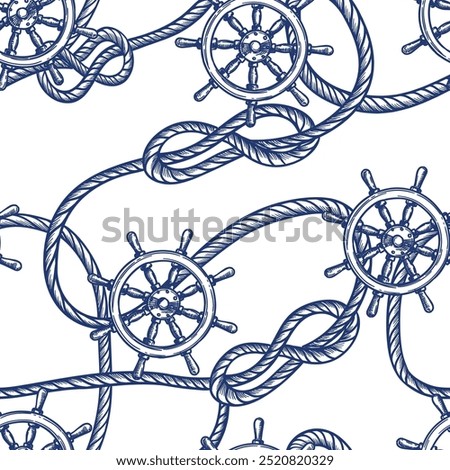 Nautical vintage seamless pattern with blue ships wheel and node rope. Vector hand drawn sketch illustration. Marine travel background. Fashion textile print, fabric, wrapping paper design