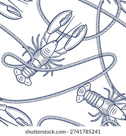 Nautical vintage seamless pattern with looped, node rope and lobsters. Vector hand drawn sketch illustration. Marine travel background. Fashion textile print, fabric, wrapping paper design