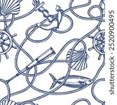 Nautical vintage seamless pattern with node rope, anchor, fish, seashell. Vector hand drawn sketch illustration. Marine travel background. Fashion textile print, fabric, wrapping paper design