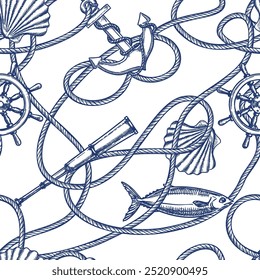 Nautical vintage seamless pattern with node rope, anchor, fish, seashell. Vector hand drawn sketch illustration. Marine travel background. Fashion textile print, fabric, wrapping paper design