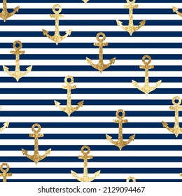 Nautical vintage seamless pattern with sparkle gold glitter sea anchors on blue and white stripes background