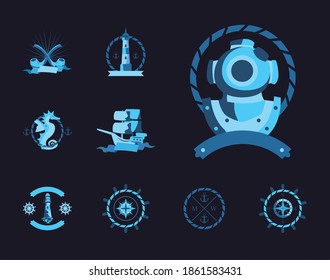 nautical vintage set icons design sea ocean navigation travel underwater water and marine theme Vector illustration