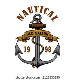 Nautical. Vintage style anchor. Design element for emblem, sign, badge, logo. Vector illustration