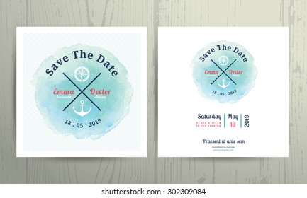 Nautical water colour wedding invitation card template set on wood background