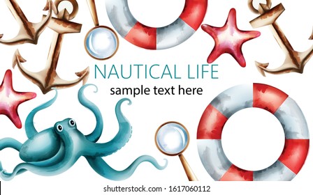 Nautical watercolor card with starfish, shell, octopus, anchor, magnifier and life preserver