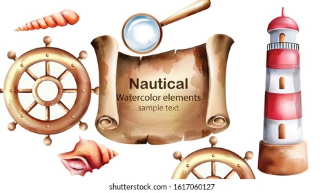 Nautical watercolor elements with treasure map, lighthouse, boat wheel, shell and magnifier