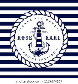 Nautical wedding invitation card. Elegant template with anchor, lighthouse, rope and stripes for sea theme wedding party. Vector illustration in white and dark blue colors.