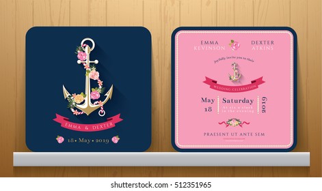 Nautical wedding invitation card with floral and anchor on Wood Background