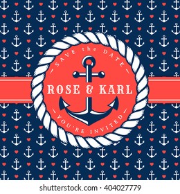 Nautical wedding invitation card. Sea theme wedding party. Elegant template with anchor, rope and hearts. Vector illustration in white, red and dark blue colors.