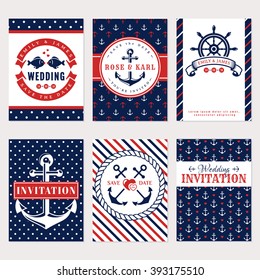 Nautical wedding invitation cards. Sea theme wedding party. Collection of elegant banners in white, red and blue colors. Vector set.