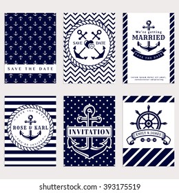 Nautical Wedding Invitation Cards. Sea Theme Wedding Party. Collection Of Elegant Banners In White And Dark Blue Colors. Vector Set.