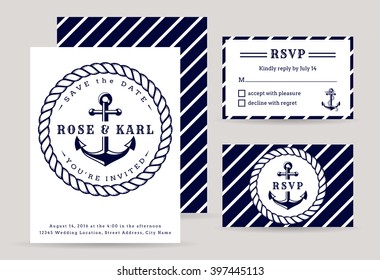 Nautical wedding invitation cards. Sea theme wedding party. Elegant templates in white and dark blue colors. Vector collection.