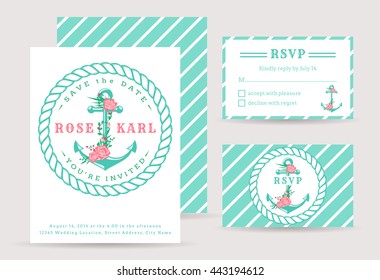 Nautical wedding invitation cards. Sea theme wedding party. Cute template with anchor and flowers. Vector collection.