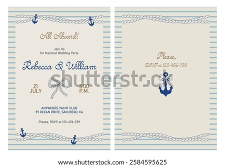 Nautical wedding invitation with cute rope's bow vector template ready for printing. 
