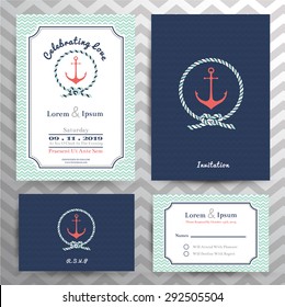 Nautical wedding invitation and RSVP card template set in anchor and rope design element.