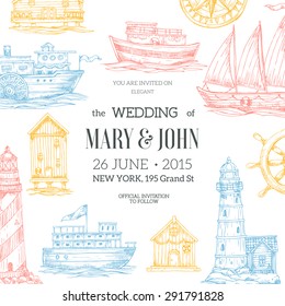 Nautical Wedding Invitation. Sea theme. Vector illustration