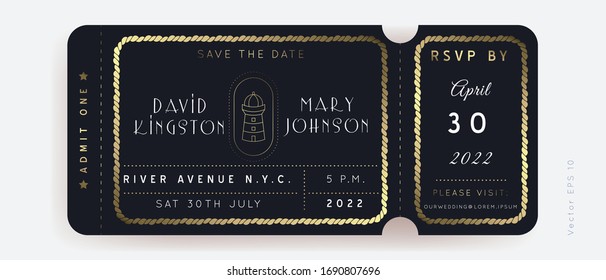 Nautical Wedding Invitation Vector  Boarding Pass ticket template.Sailor Boat theme in Classic vintage style.Elegant sea invite card overlay in gold and navy blue colors. Modern luxury design.