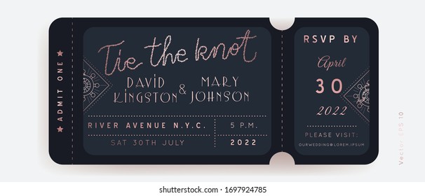 Nautical Wedding Invitation Vector  Boarding Pass ticket template.Sailor Boat theme in Classic vintage style.Elegant sea invite card overlay in gold and navy blue colors. Modern luxury design.