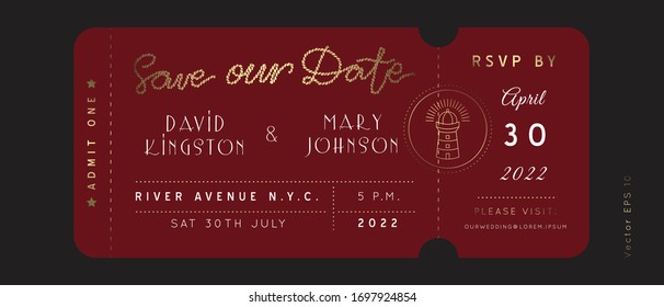 Nautical Wedding Invitation Vector  Boarding Pass ticket template.Sailor Boat theme in Classic vintage style.Elegant sea invite card overlay in gold and burgundy red colors. Modern luxury design.