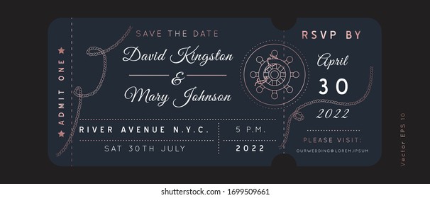 Nautical Wedding Invitation Vector  Boarding Pass ticket template.Sailor Boat theme in Classic vintage style.Elegant sea invite card overlay in gold and navy blue colors. Modern luxury design.