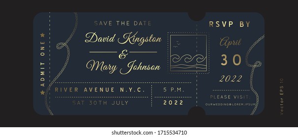 Nautical Wedding Invitation Vector  Boarding Pass ticket template.Sailor Boat theme in Classic vintage style.Elegant sea invite card overlay in gold and navy blue colors. Modern luxury design.