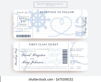 Nautical Wedding Invitation Vector Set.Boat Boarding Pass ticket template.Sailor theme in Classic vintage style.Elegant sea invite card overlay in white and navy blue colors. Modern luxury design.