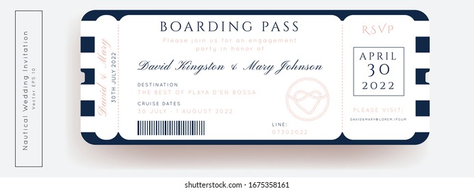 Nautical Wedding Invitation Vector Set.Boat Boarding Pass ticket template.Sailor theme in Classic vintage style.Elegant sea invite card overlay in white and navy blue colors. Modern luxury design.