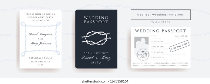 Nautical Wedding Invitation Vector Set.Boat Boarding Pass ticket template.Sailor theme in Classic vintage style.Elegant sea invite card overlay in white and navy blue colors. Modern luxury design.